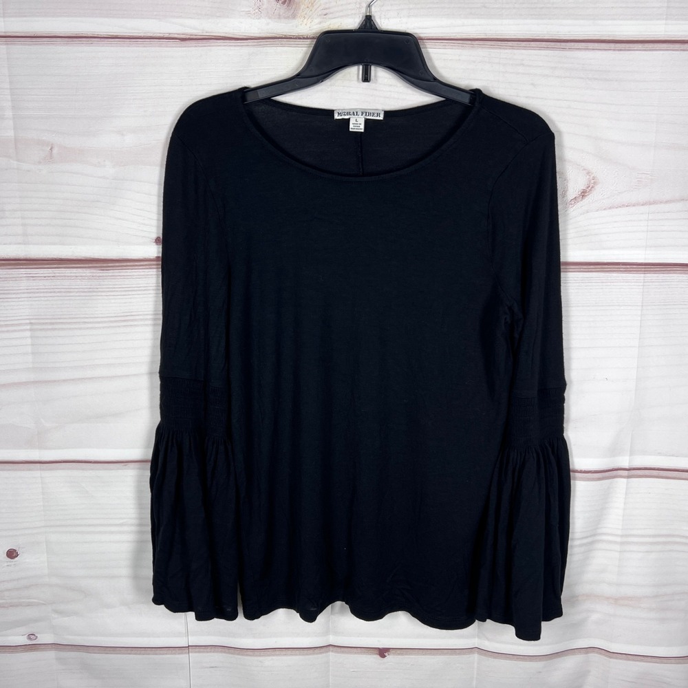 Moral Fiber Top Womens Large Black Bell Sleeve Smocked Knit Blouse Peasant Knit